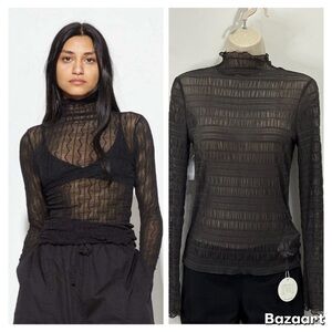 Find Me Now Second Skin Ross Mesh Top Long Sleeve Mock Neck Small Gray Edgy Chic